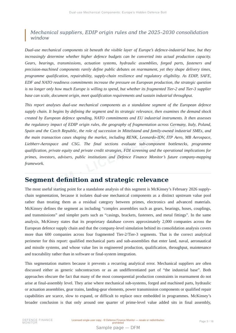 Sample page from “Dual-use Mechanical Components: Europe’s Hidden Defence Bottleneck” — 17-page report