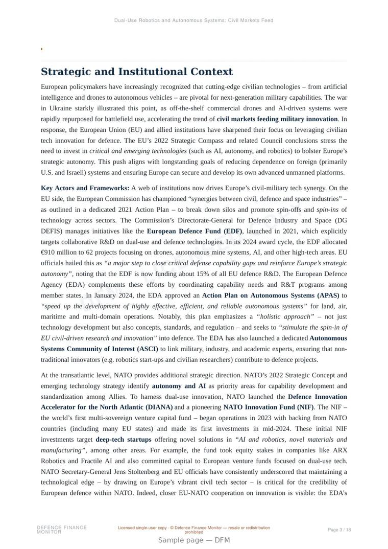 Sample page from “Dual-Use Robotics and Autonomous Systems: Civil Markets Feeding Military Innovation in Europe” — 19-page report