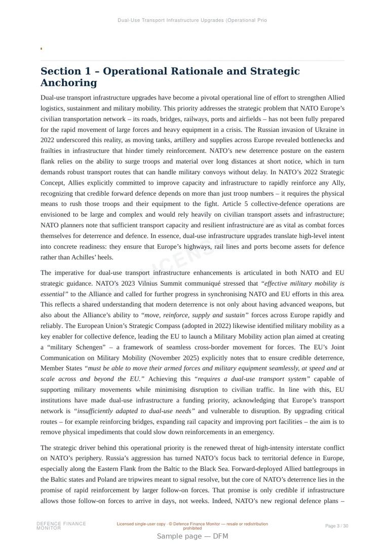 Sample page from “Dual-Use Transport Infrastructure Upgrades (Operational Priorities)” — 31-page report