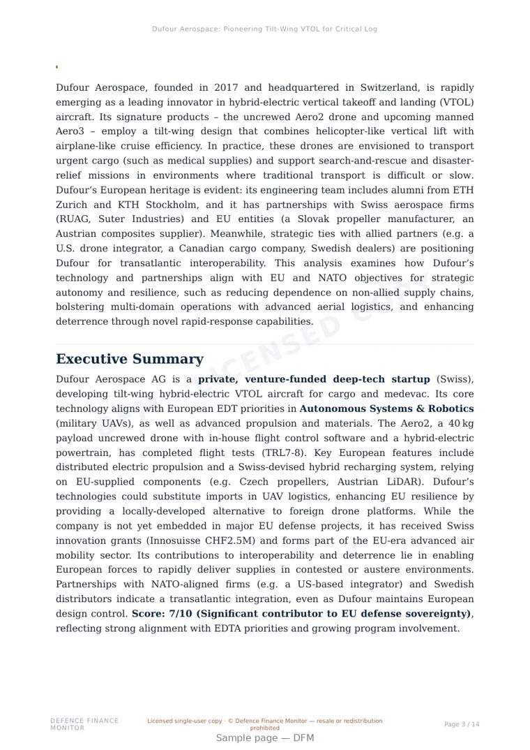 Sample page from “Dufour Aerospace: Pioneering Tilt‑Wing VTOL for Critical Logistics” — 15-page report