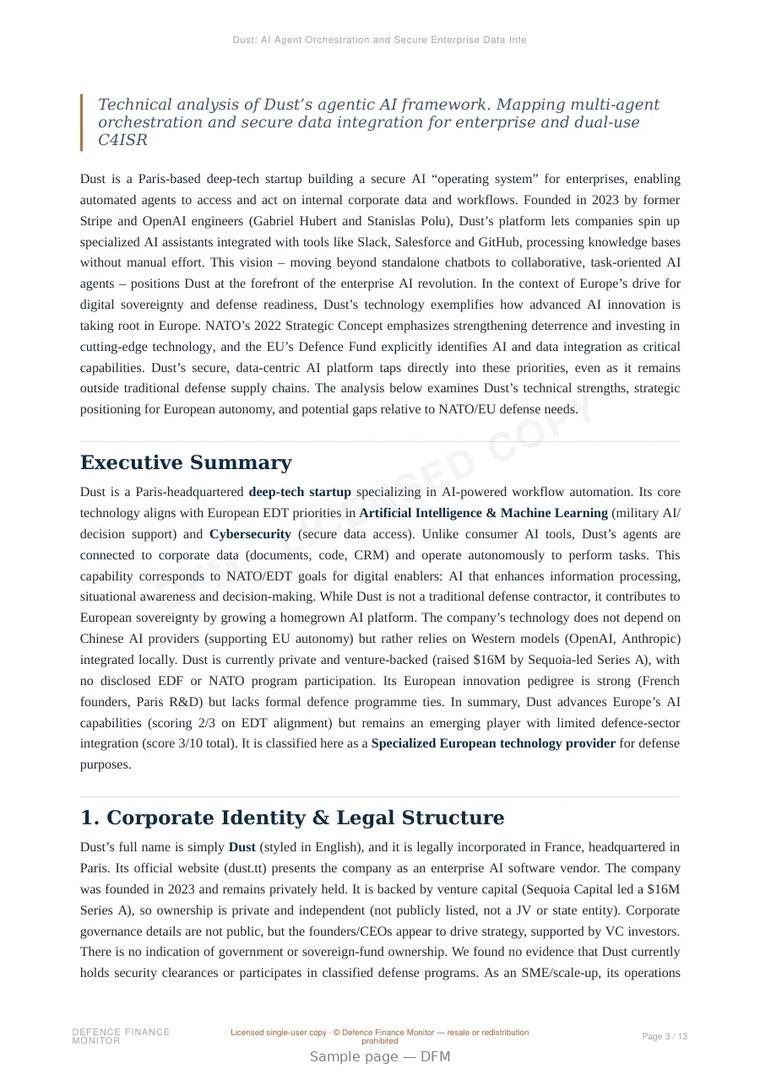 Sample page from “Dust: AI Agent Orchestration and Secure Enterprise Data Integration” — 14-page report