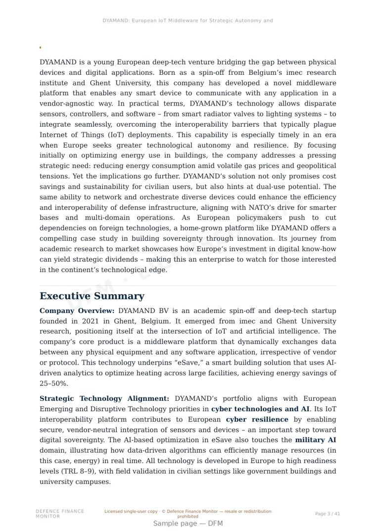 Sample page from “DYAMAND: European IoT Middleware for Strategic Autonomy and Dual-Use Applications” — 42-page report