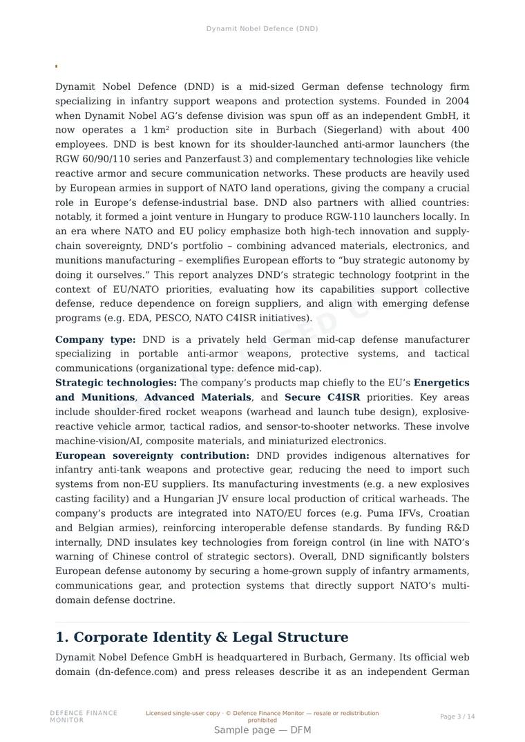 Sample page from “Dynamit Nobel Defence (DND)” — 15-page report