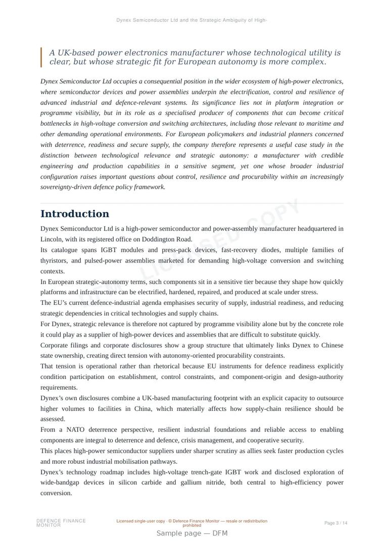 Sample page from “Dynex Semiconductor Ltd and the Strategic Ambiguity of High-Power Semiconductors in Europe’s Defence-Industrial Base” — 15-page report
