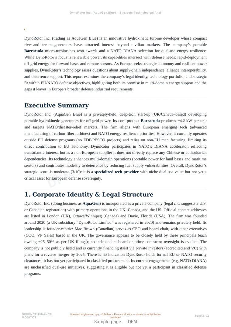 Sample page from “DynoRotor Inc. — advanced sensors company” — 12-page report