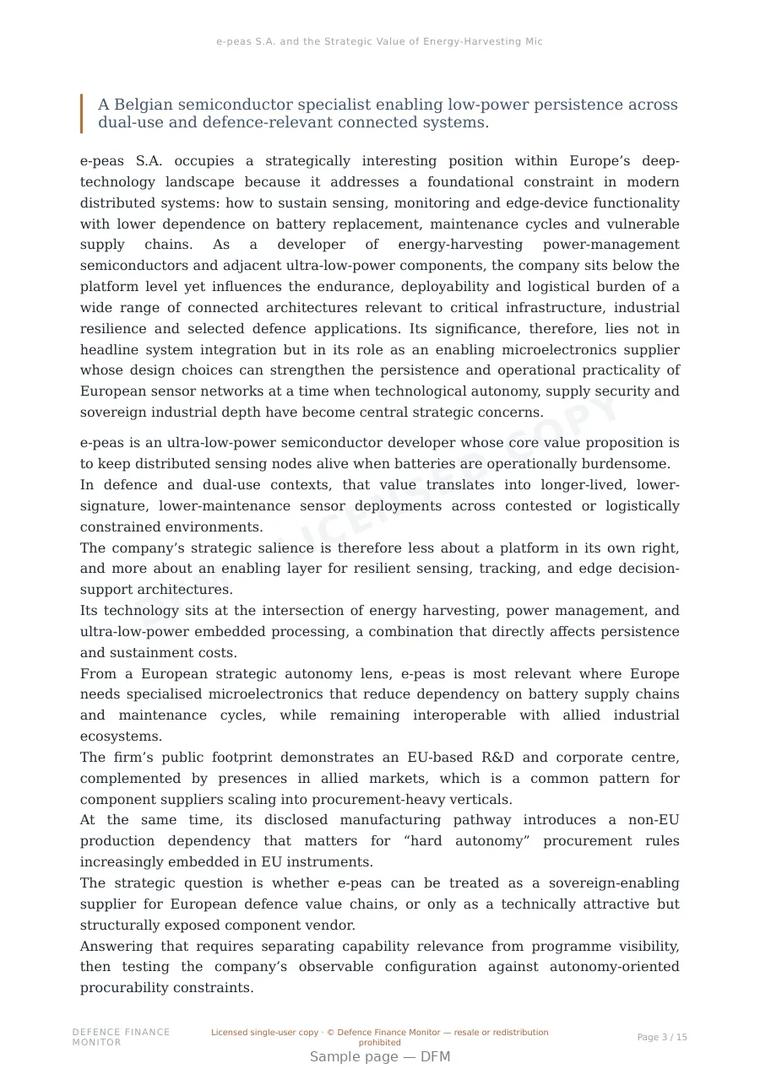 Sample page from “e-peas S.A. and the Strategic Value of Energy-Harvesting Microelectronics in Europe’s Resilient Sensing Stack” — 16-page report