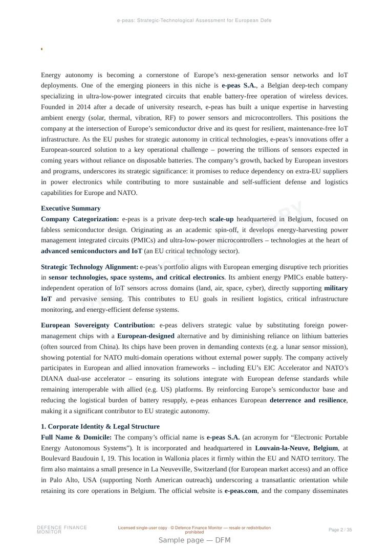 Sample page from “e-peas: Strategic-Technological Assessment for European Defence Autonomy and Dual-Use Innovation” — 36-page report