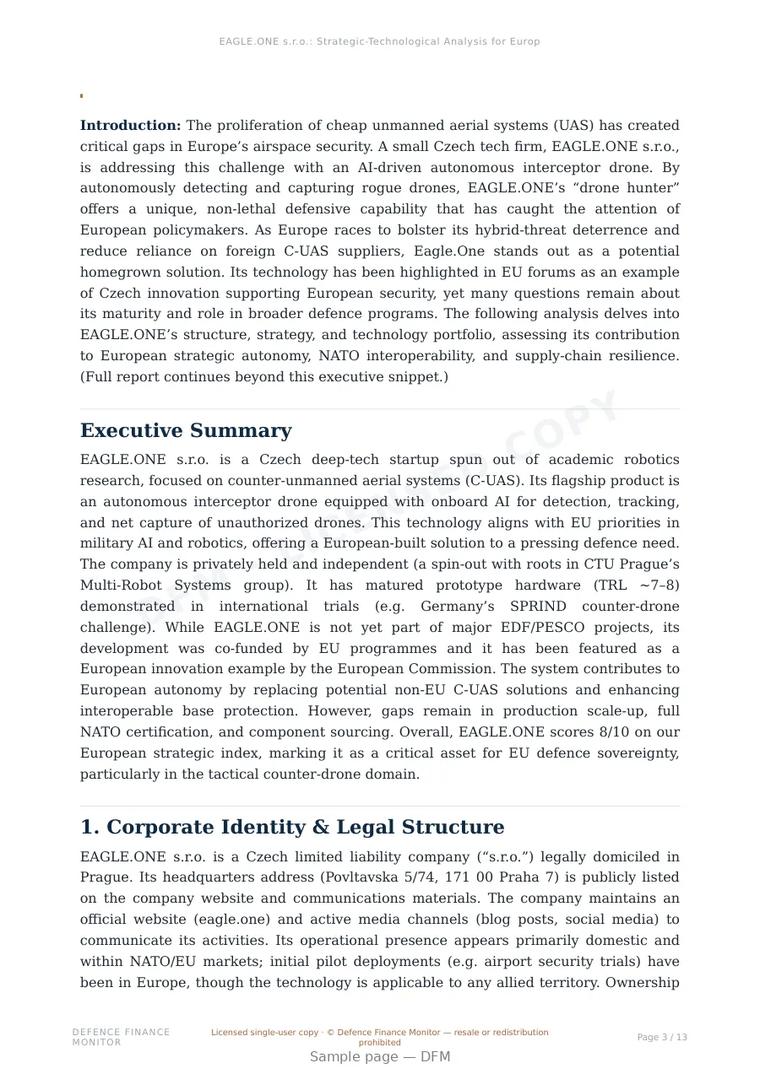 Sample page from “EAGLE.ONE s.r.o. — Czech Republic unmanned aerial systems company” — 14-page report