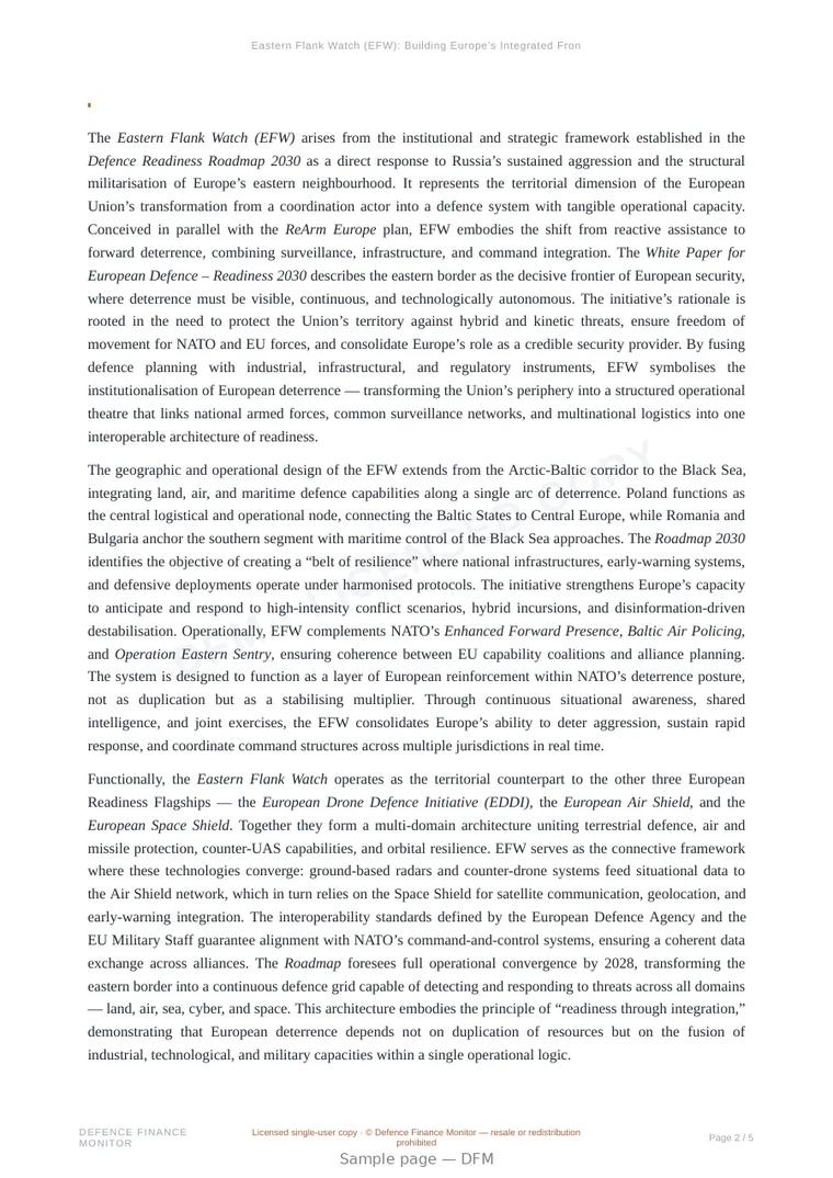 Sample page from “Eastern Flank Watch (EFW): Building Europe’s Integrated Frontier of Deterrence” — 6-page report