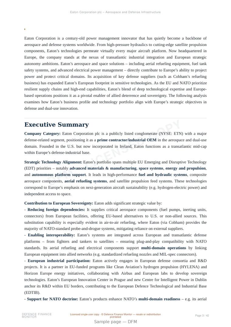 Sample page from “Eaton Corporation plc – Aerospace and Defense Infrastructure Alignment” — 43-page report