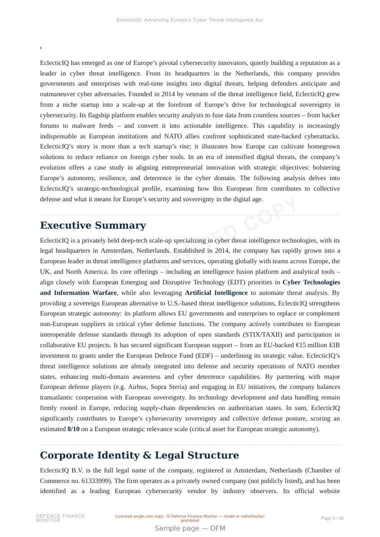 Sample page from “EclecticIQ: Advancing Europe’s Cyber Threat Intelligence Autonomy” — 27-page report