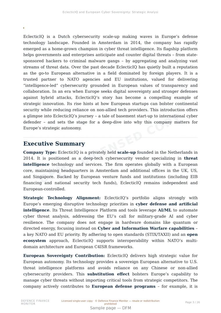 Sample page from “EclecticIQ and European Cyber Sovereignty: Strategic Analysis of a Threat Intelligence Scale-Up” — 27-page report