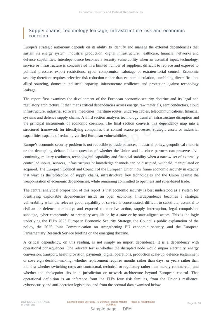 Sample page from “Economic Security and Critical Dependencies” — 19-page report