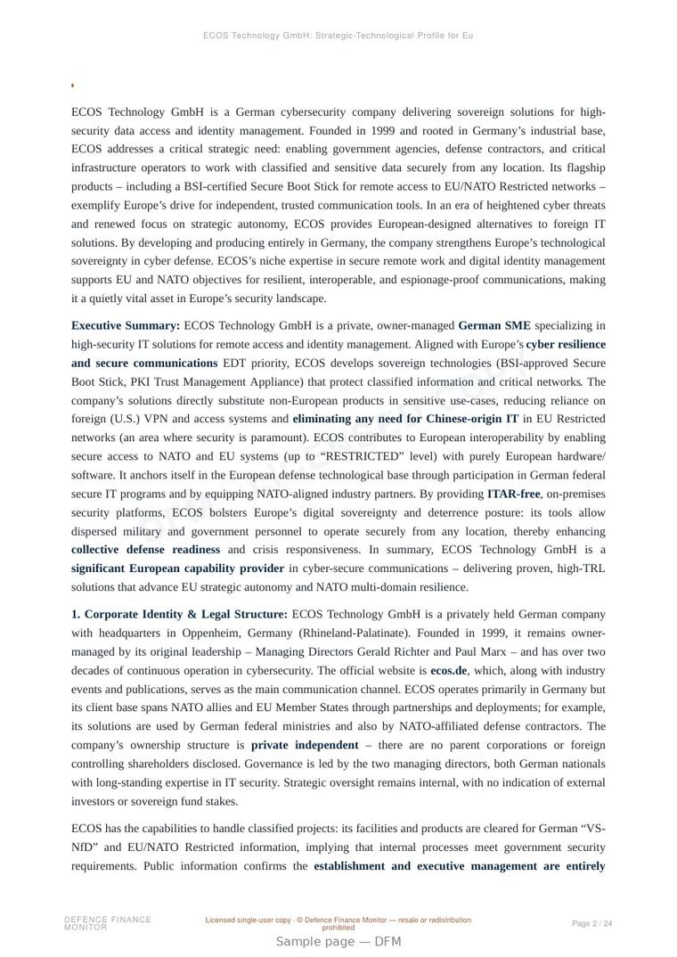 Sample page from “ECOS Technology GmbH: Strategic-Technological Profile for European Cyber Sovereignty and Defence Resilience” — 25-page report