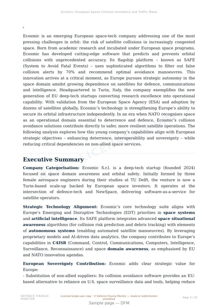 Sample page from “Ecosmic: European Space Collision Avoidance and Traffic Management Software for Orbital Safety” — 36-page report