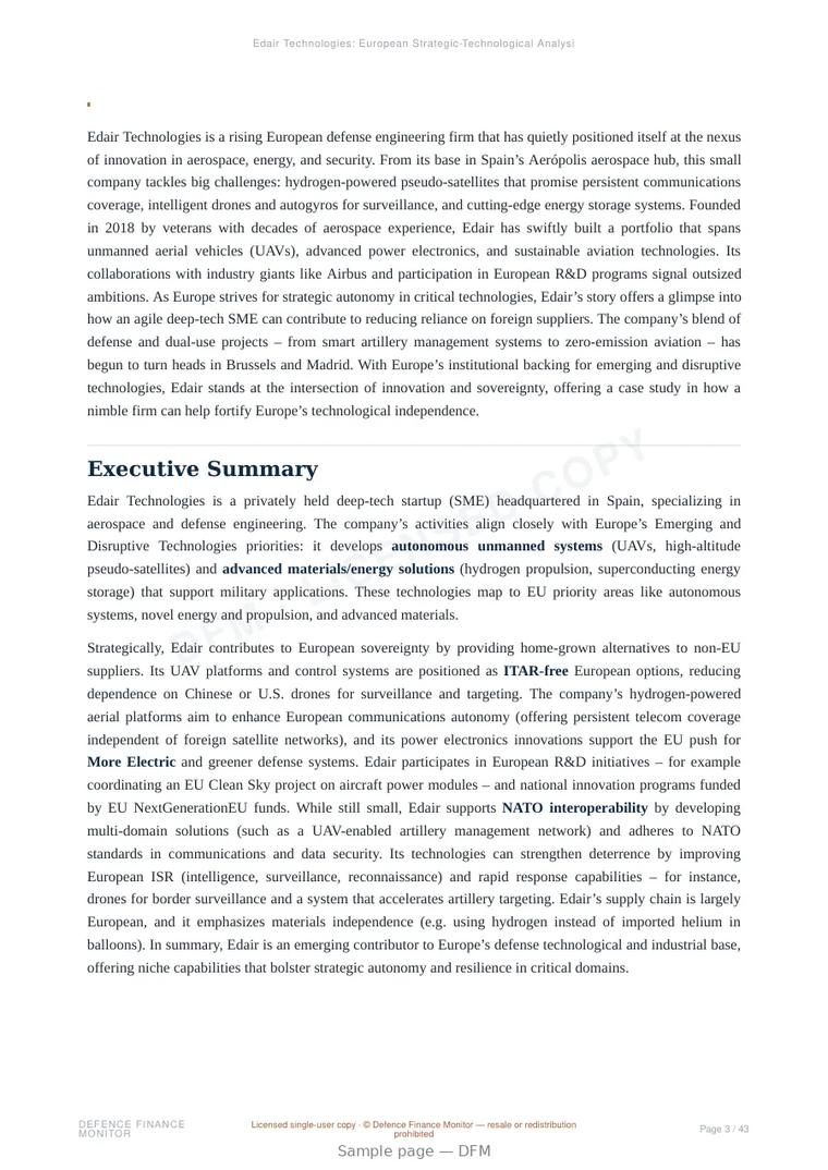Sample page from “Edair Technologies — Spain unmanned aerial systems company” — 44-page report