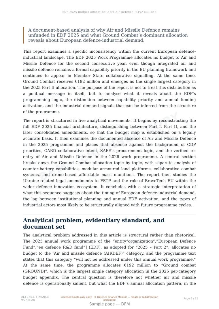 Sample page from “EDF 2025 Budget Allocation: Zero Air Defence, €192 Million for Ground Combat” — 22-page report
