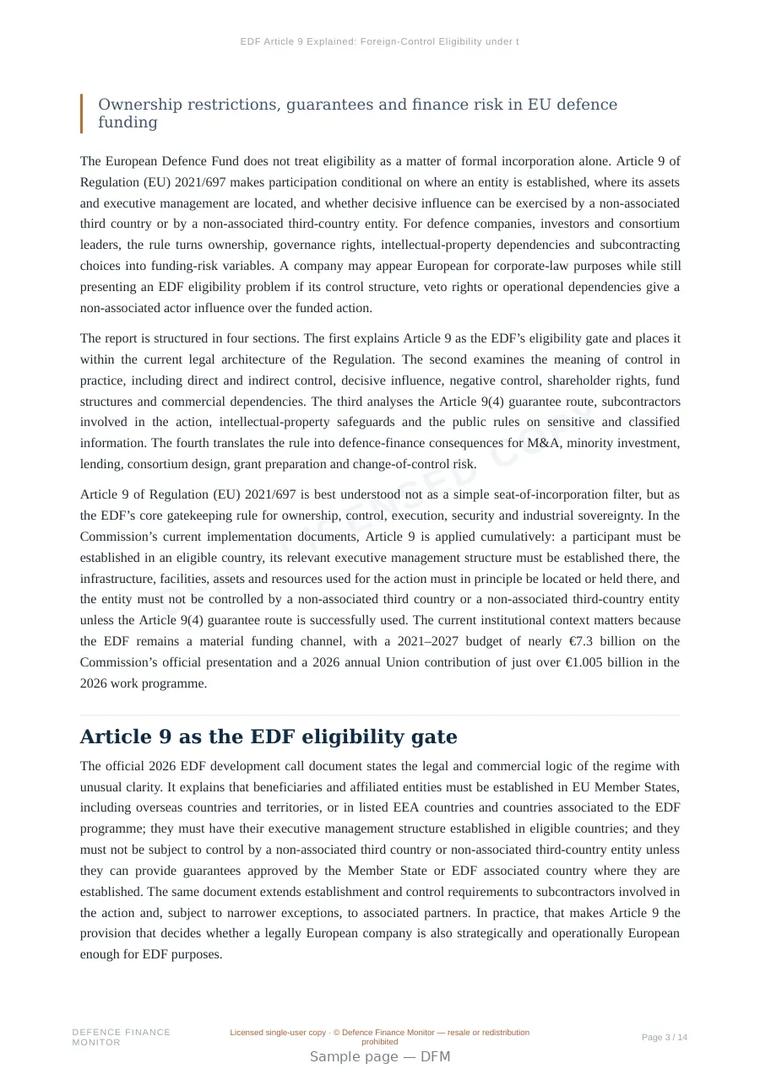 Sample page from “EDF Article 9 Explained: Foreign-Control Eligibility under the European Defence Fund” — 15-page report
