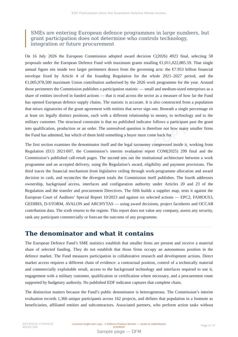 Sample page from “EDF Participation Does Not Guarantee Defence Market Access” — 28-page report