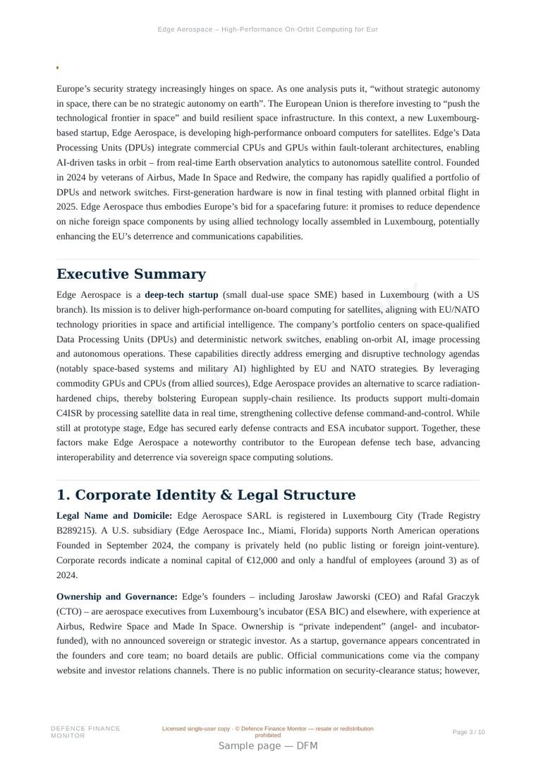 Sample page from “Edge Aerospace – High-Performance On-Orbit Computing for European Space Autonomy” — 11-page report