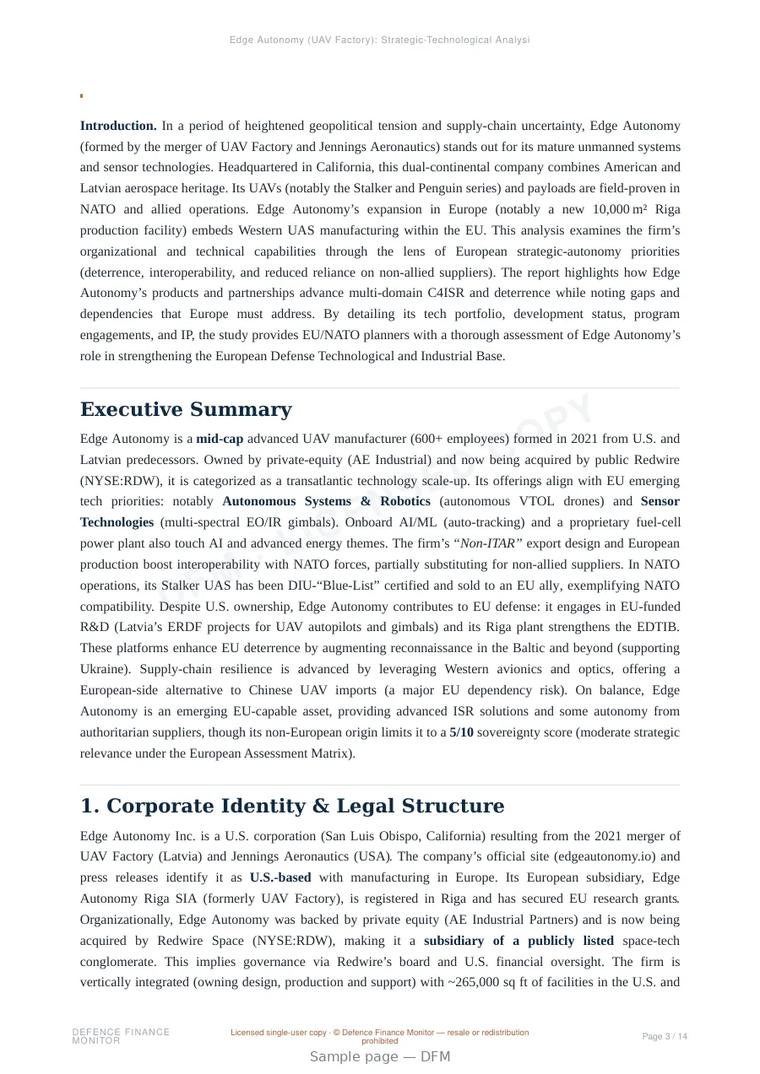 Sample page from “Edge Autonomy — United States unmanned aerial systems company” — 15-page report
