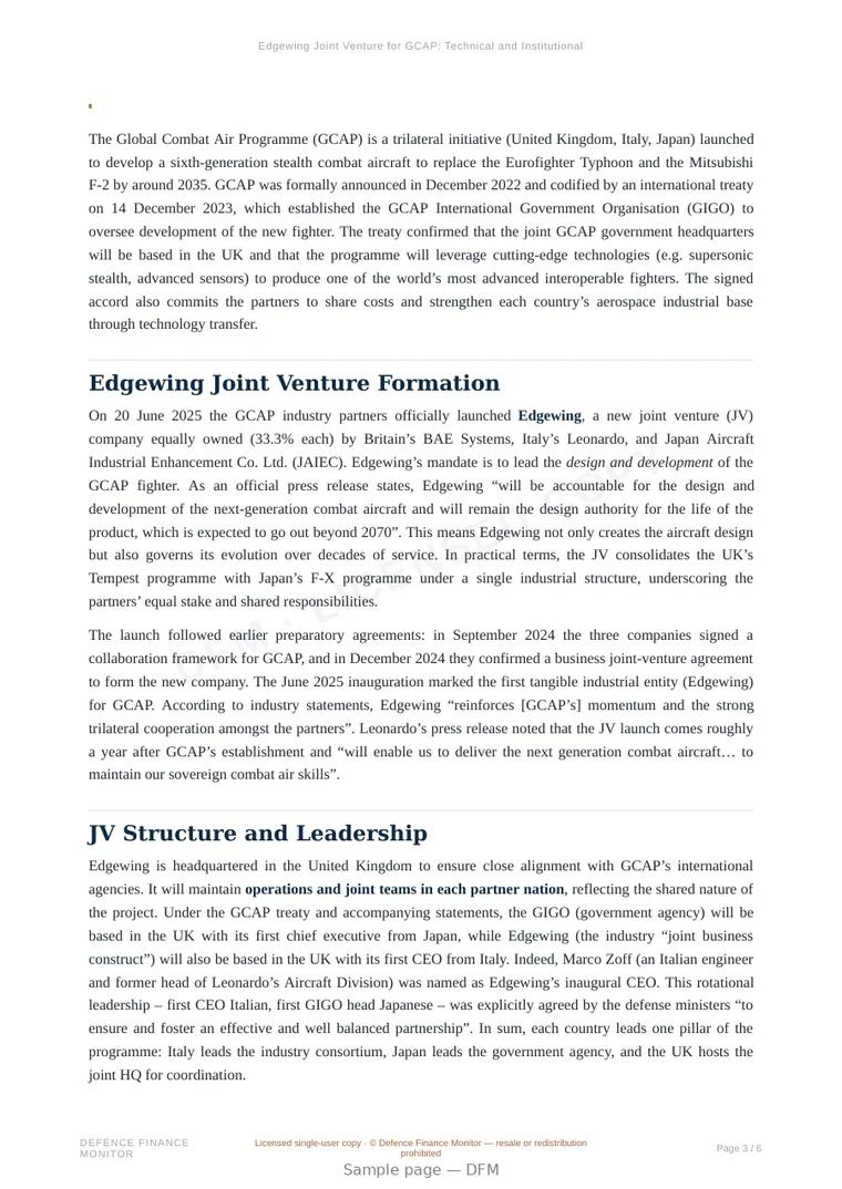 Sample page from “Edgewing Joint Venture for GCAP: Technical and Institutional Analysis” — 7-page report