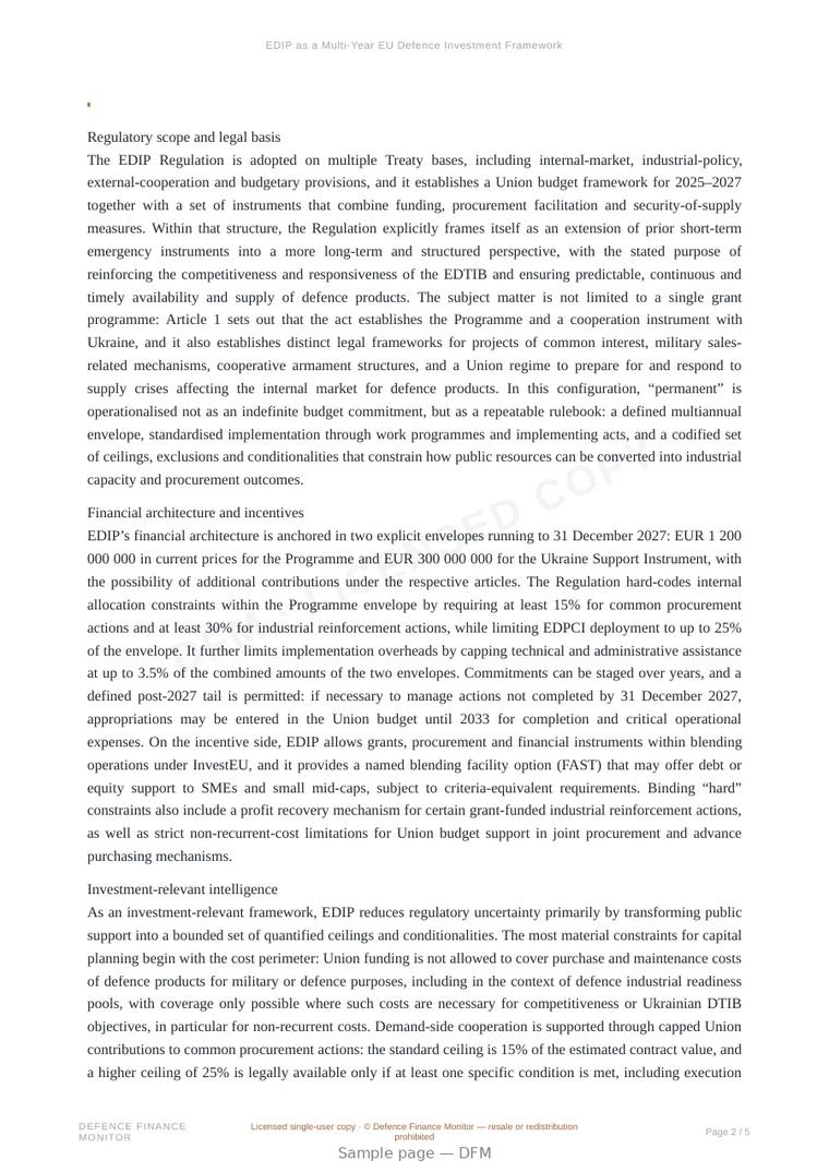 Sample page from “EDIP as a Multi-Year EU Defence Investment Framework” — 6-page report