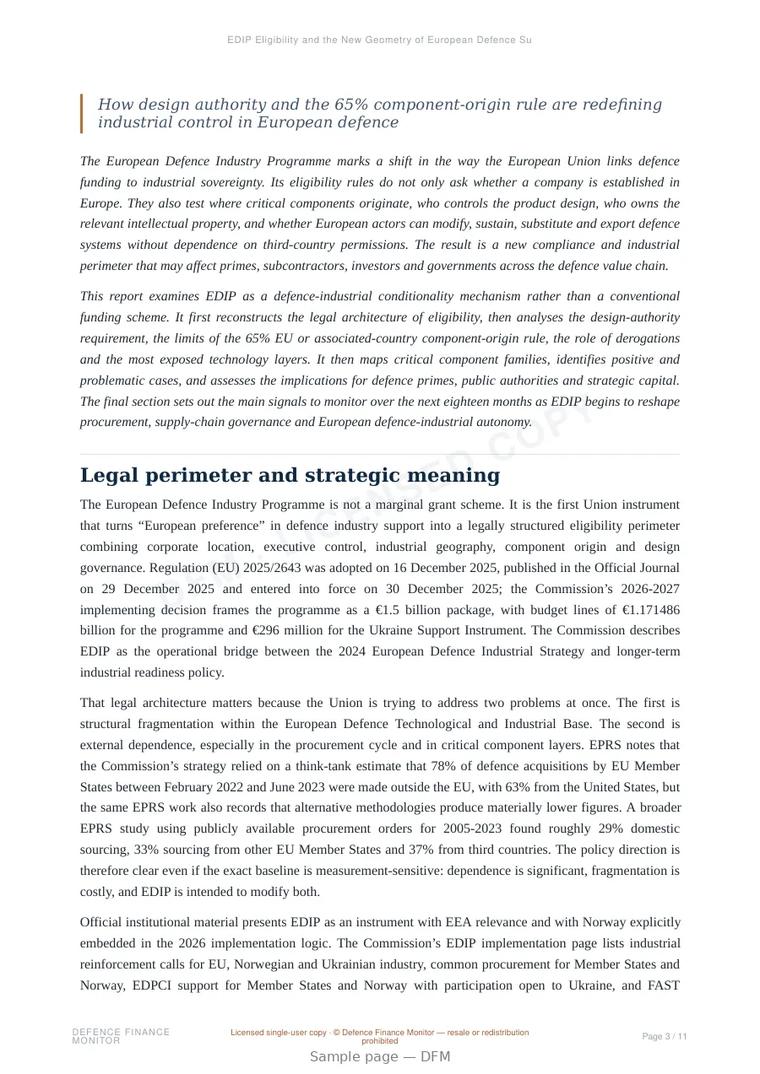 Sample page from “EDIP Eligibility and the New Geometry of European Defence Supply Chains” — 12-page report