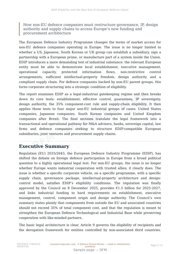 Sample page from “EDIP Eligibility and the New Test of European Defence Industrial Control” — 18-page report