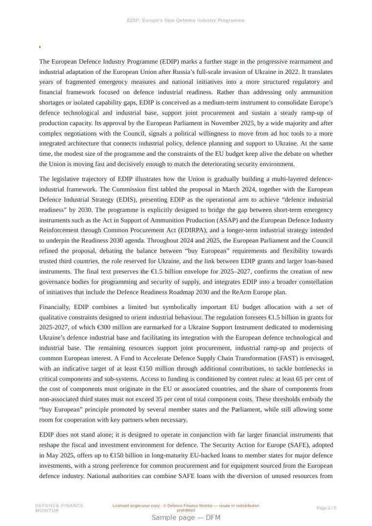 Sample page from “EDIP: Europe’s New Defence Industry Programme” — 6-page report