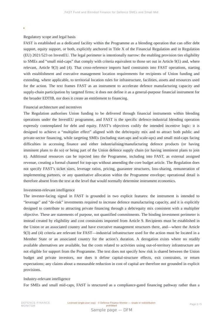Sample page from “FAST Fund and Blended Finance for Defence SMEs and Small Mid-Caps” — 6-page report