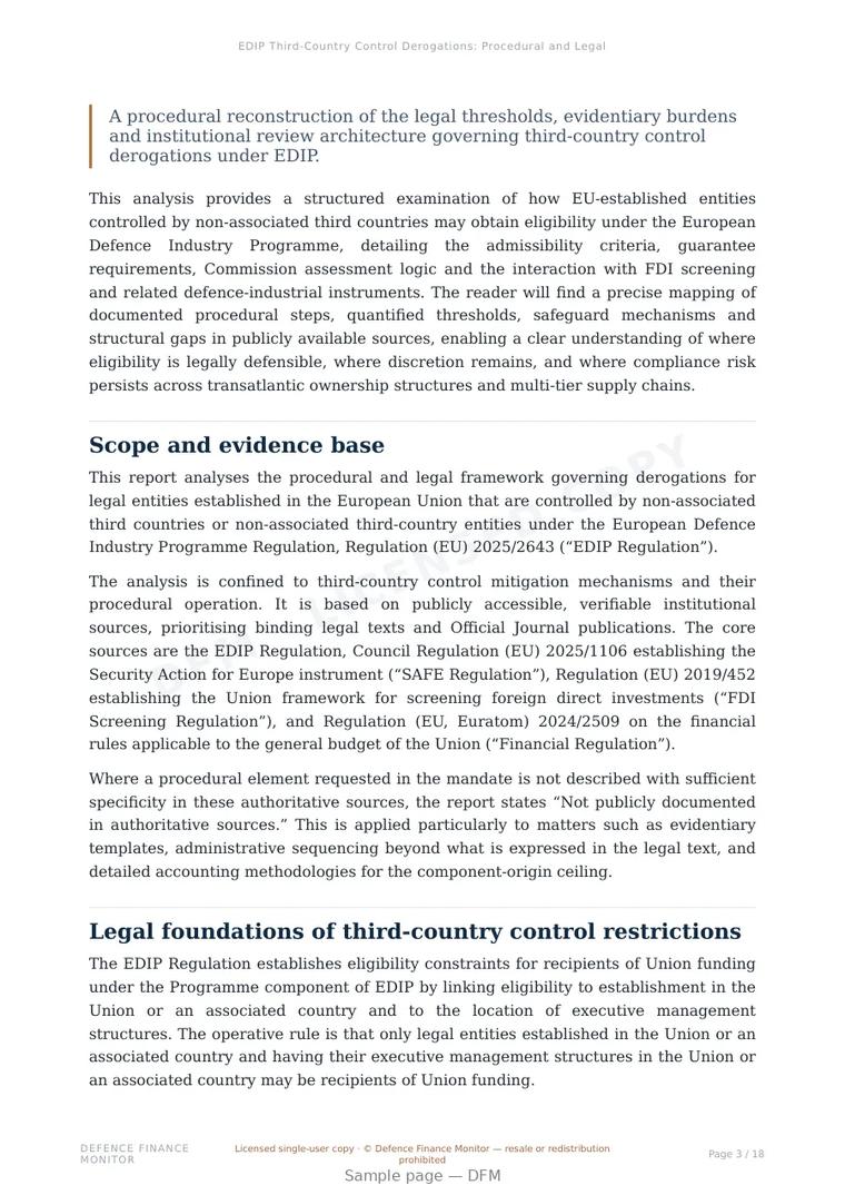 Sample page from “EDIP Third-Country Control Derogations: Procedural and Legal Framework” — 19-page report