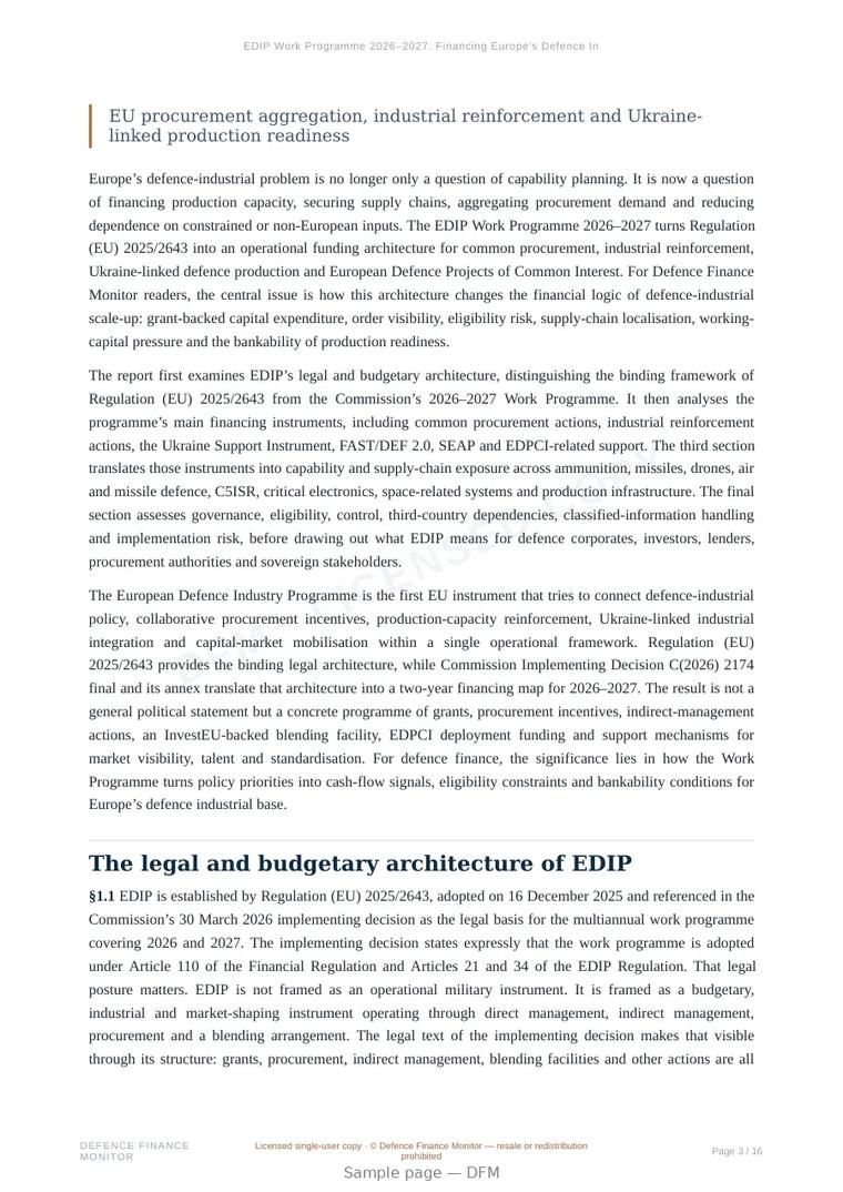 Sample page from “EDIP Work Programme 2026–2027: Financing Europe’s Defence Industrial Scale-Up” — 17-page report