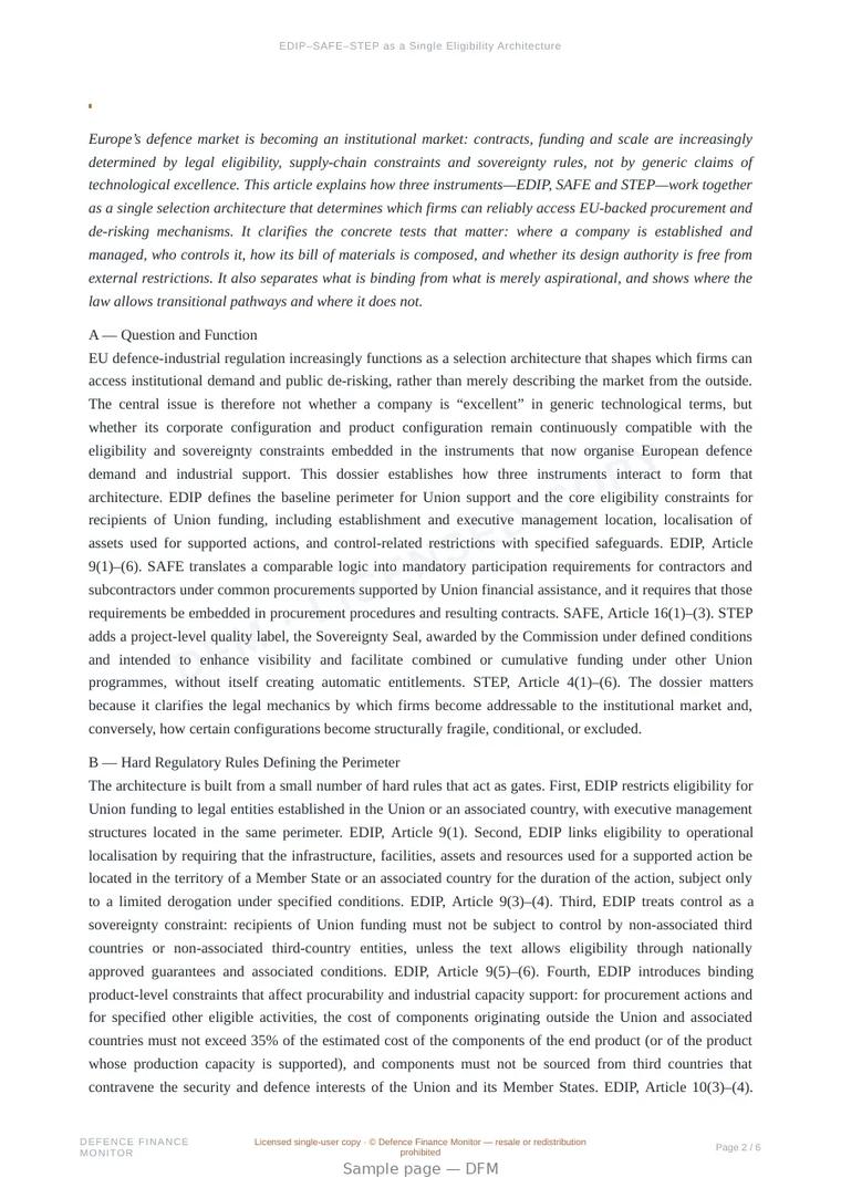 Sample page from “EDIP–SAFE–STEP as a Single Eligibility Architecture” — 7-page report