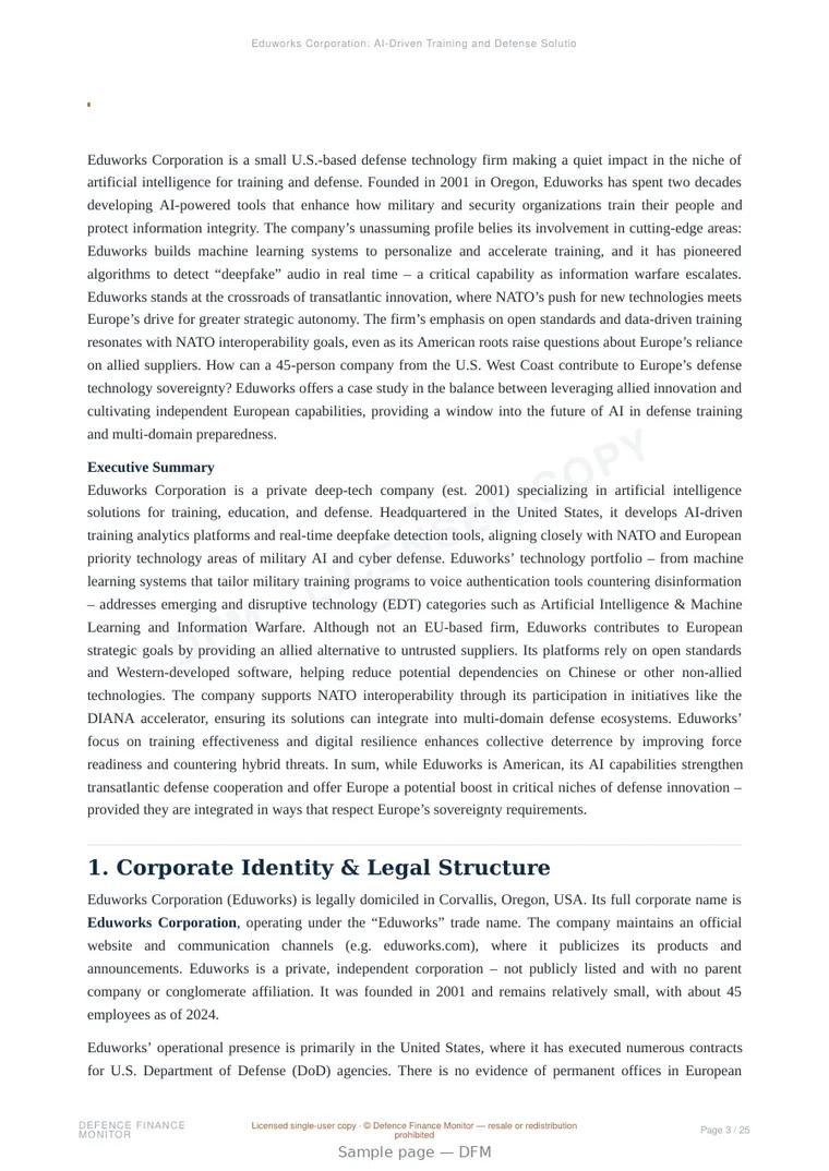 Sample page from “Eduworks Corporation: AI-Driven Training and Defense Solutions” — 26-page report