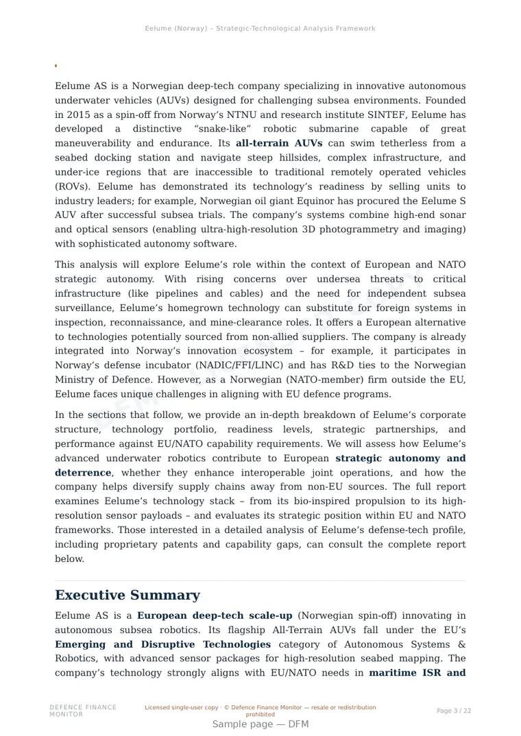 Sample page from “Eelume AS — Norway autonomy company” — 23-page report