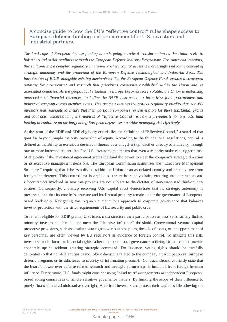 Sample page from “Effective Control Under EDIP: What U.S. Investors and Defence Firms Need to Know” — 6-page report