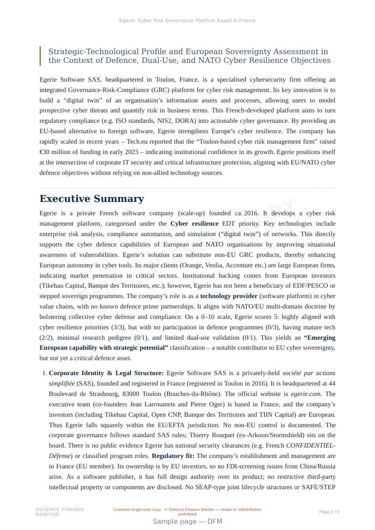 Sample page from “Egerie: Cyber Risk Governance Platform Based in France” — 10-page report