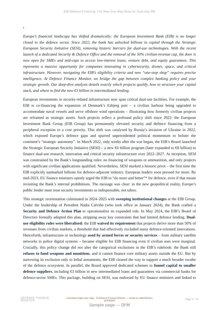 Sample page from “EIB Defence Financing: The New One-Stop Shop for Dual-Use SMEs” — 15-page report