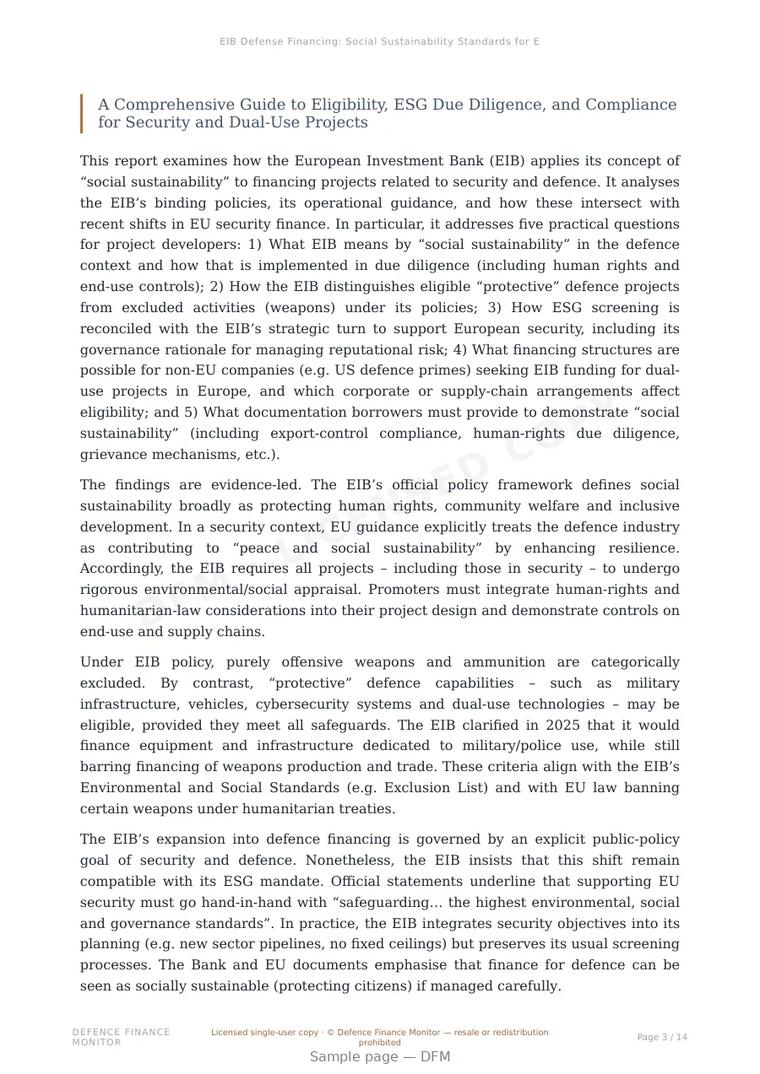 Sample page from “EIB Defense Financing: Social Sustainability Standards for EU and Non-EU Developers” — 15-page report