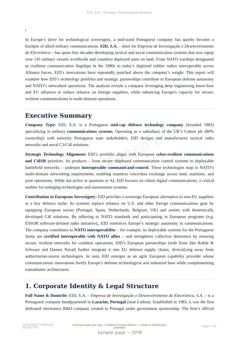 Sample page from “EID, S.A. — Portugal defence company” — 36-page report
