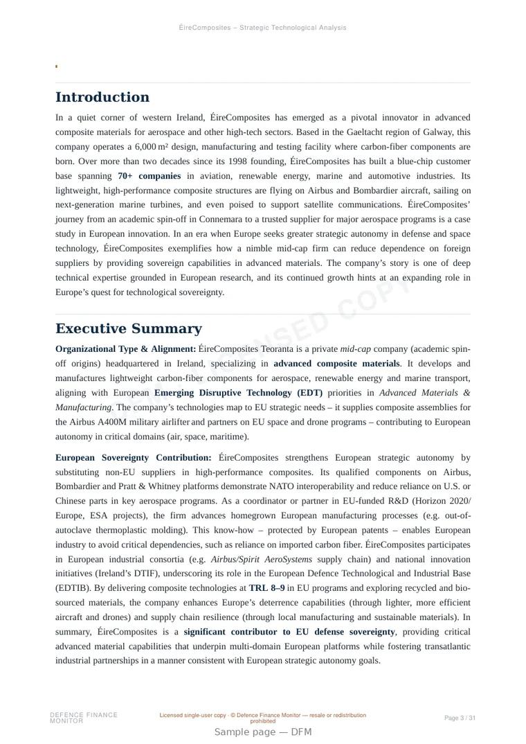 Sample page from “ÉireComposites – Strategic Technological Analysis” — 32-page report