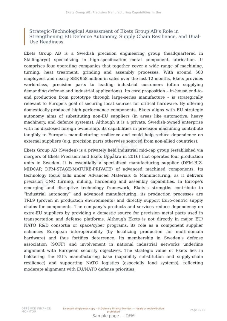 Sample page from “Ekets Group AB: Precision Manufacturing Capabilities in the European Industrial Base” — 14-page report