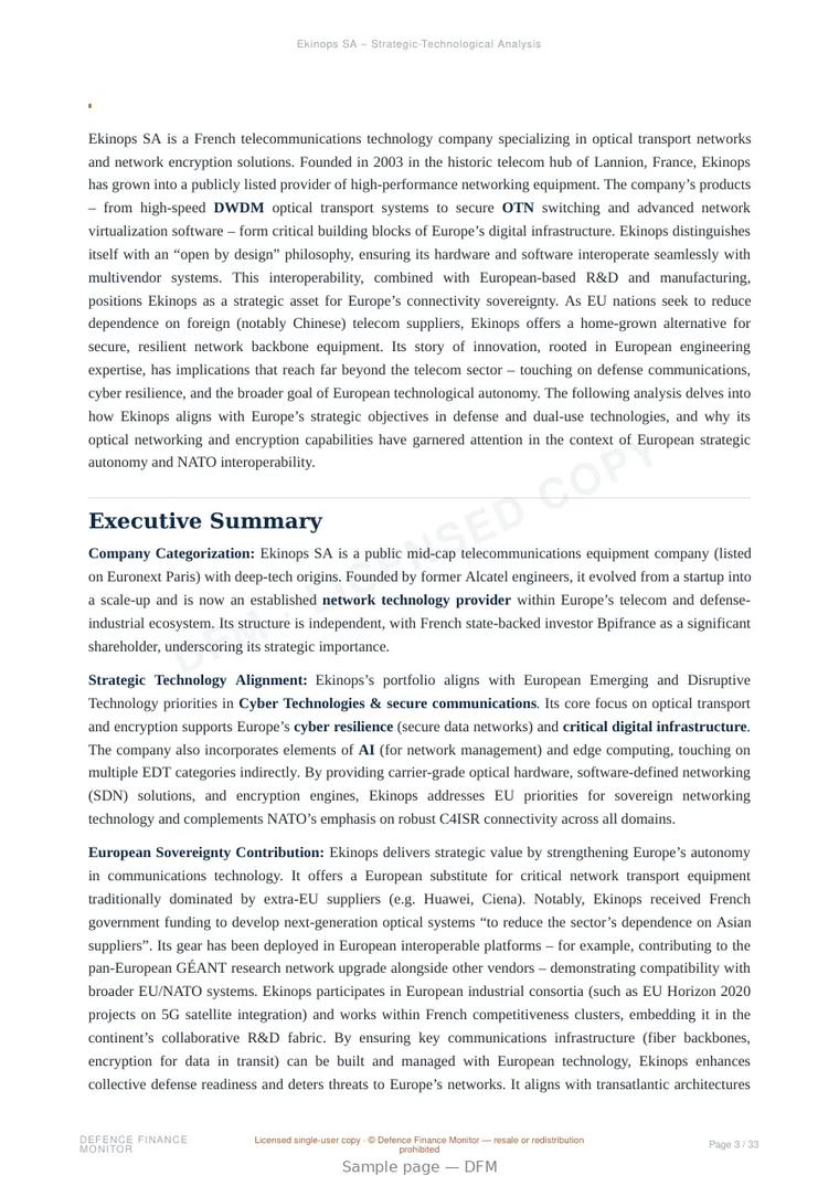 Sample page from “Ekinops SA — France secure communications company” — 34-page report