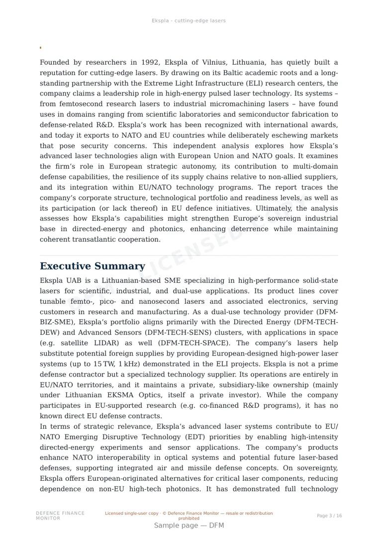 Sample page from “Ekspla - cutting-edge lasers” — 17-page report