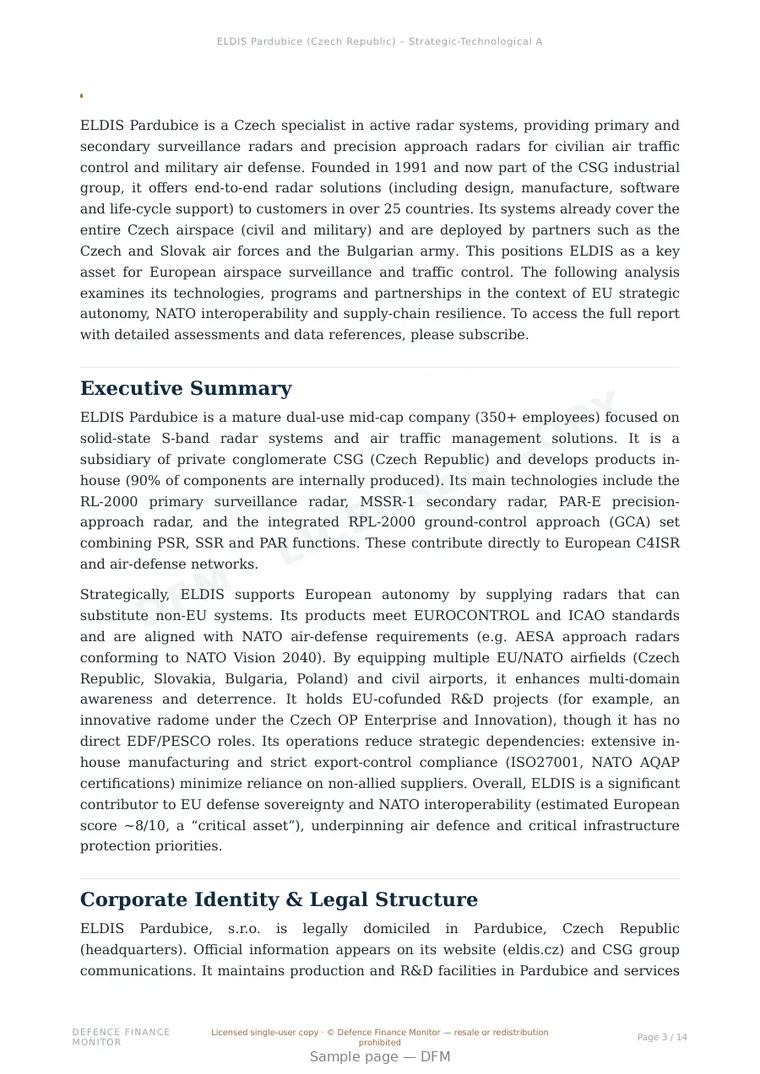 Sample page from “ELDIS Pardubice — Czech Republic radar systems company” — 15-page report