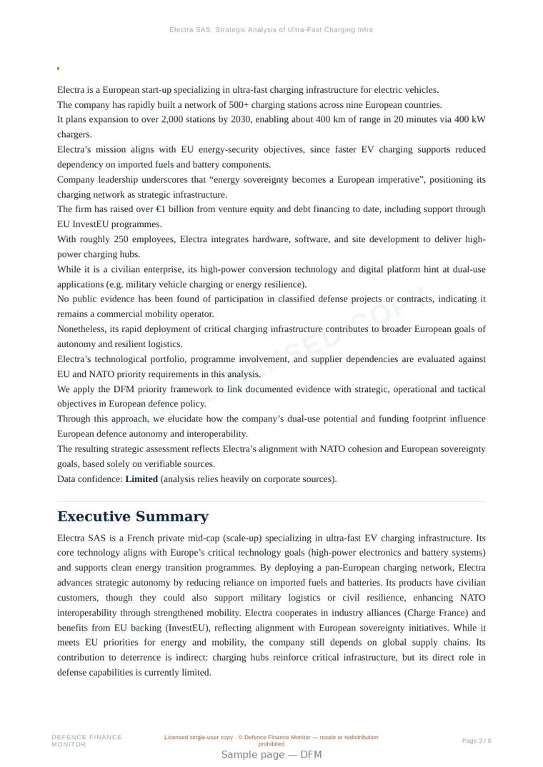 Sample page from “Electra SAS: Strategic Analysis of Ultra-Fast Charging Infrastructure and European Energy Sovereignty” — 10-page report