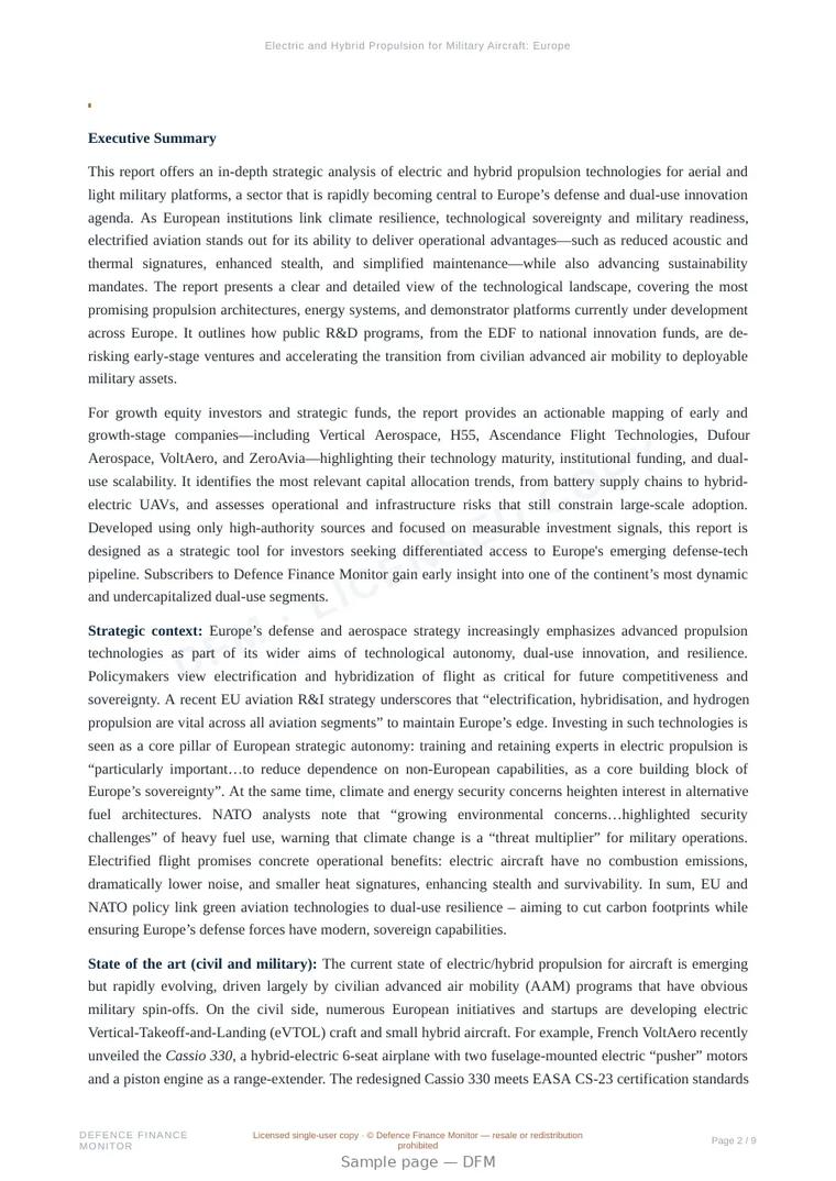 Sample page from “Electric and Hybrid Propulsion for Military Aircraft: European Context and Trends” — 10-page report