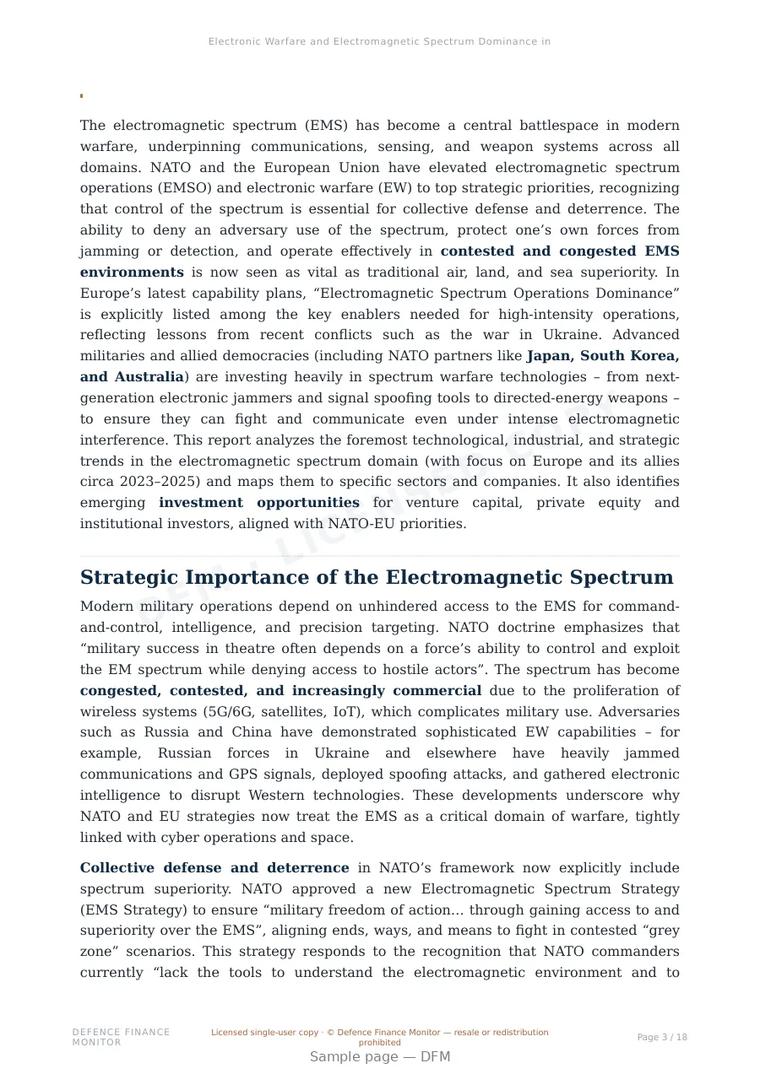 Sample page from “Electronic Warfare and Electromagnetic Spectrum Dominance in Modern Defense” — 19-page report