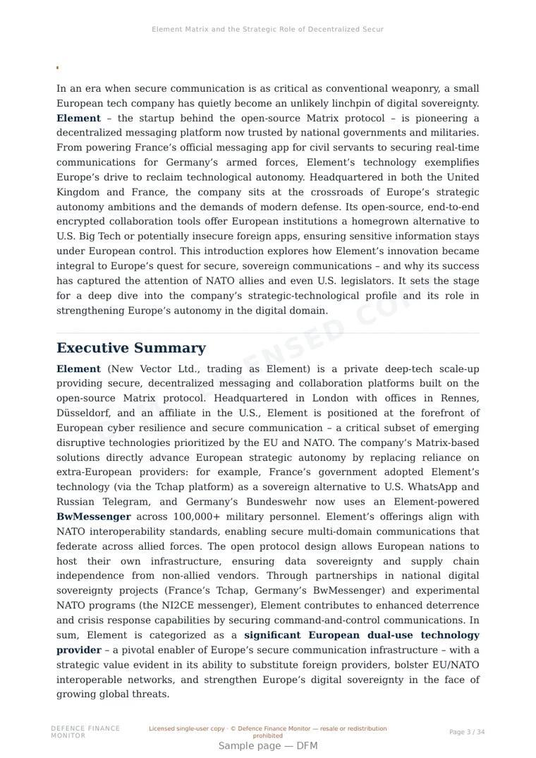 Sample page from “Element Matrix and the Strategic Role of Decentralized Secure Communication in European Defense” — 35-page report